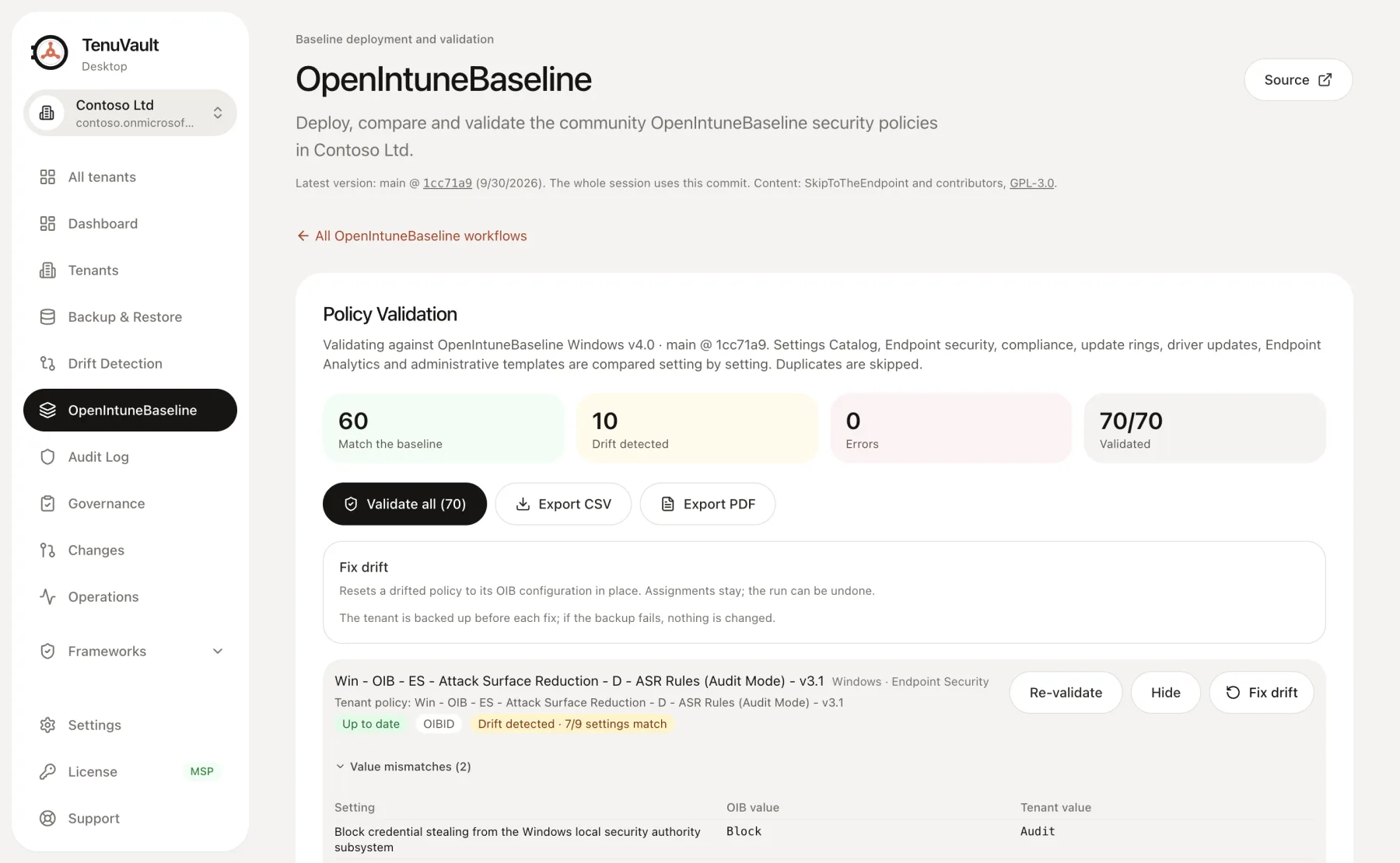 Policy Validation in TenuVault Desktop with policies that match the baseline, drift detected and the changed setting values
