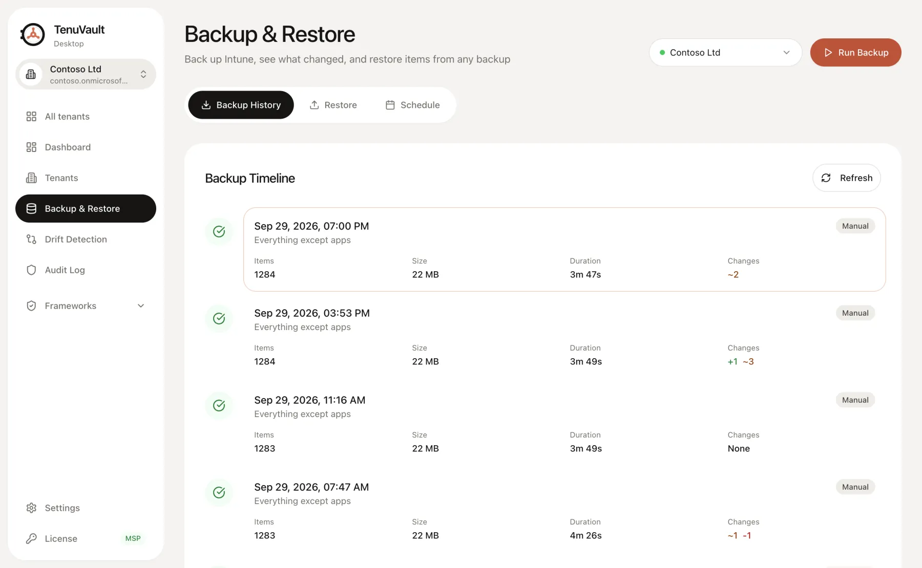 Backup timeline with the Restore tab in TenuVault Desktop