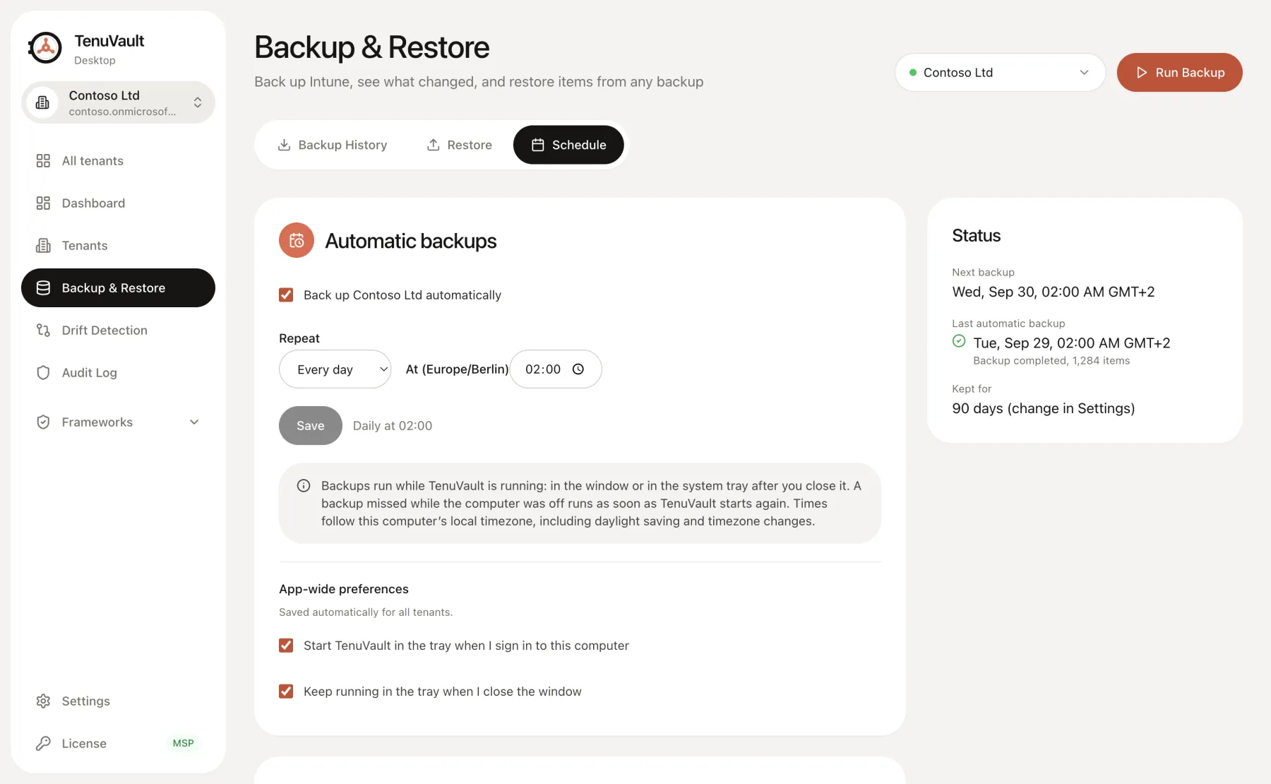 Automatic backup schedule in TenuVault Desktop