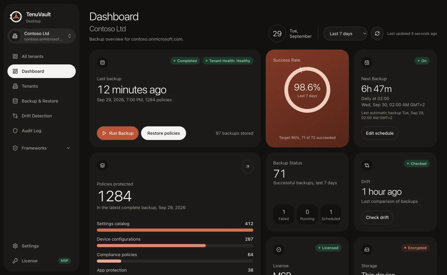 TenuVault Desktop tenant dashboard in dark mode with backup, drift and license status