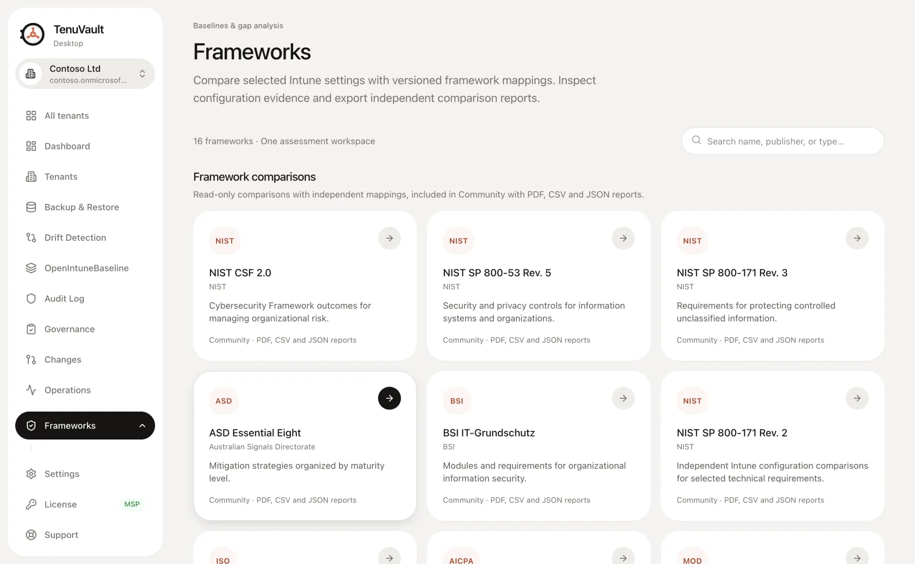 Frameworks in TenuVault Desktop listing NIST, ASD Essential Eight, BSI IT-Grundschutz and other framework comparisons