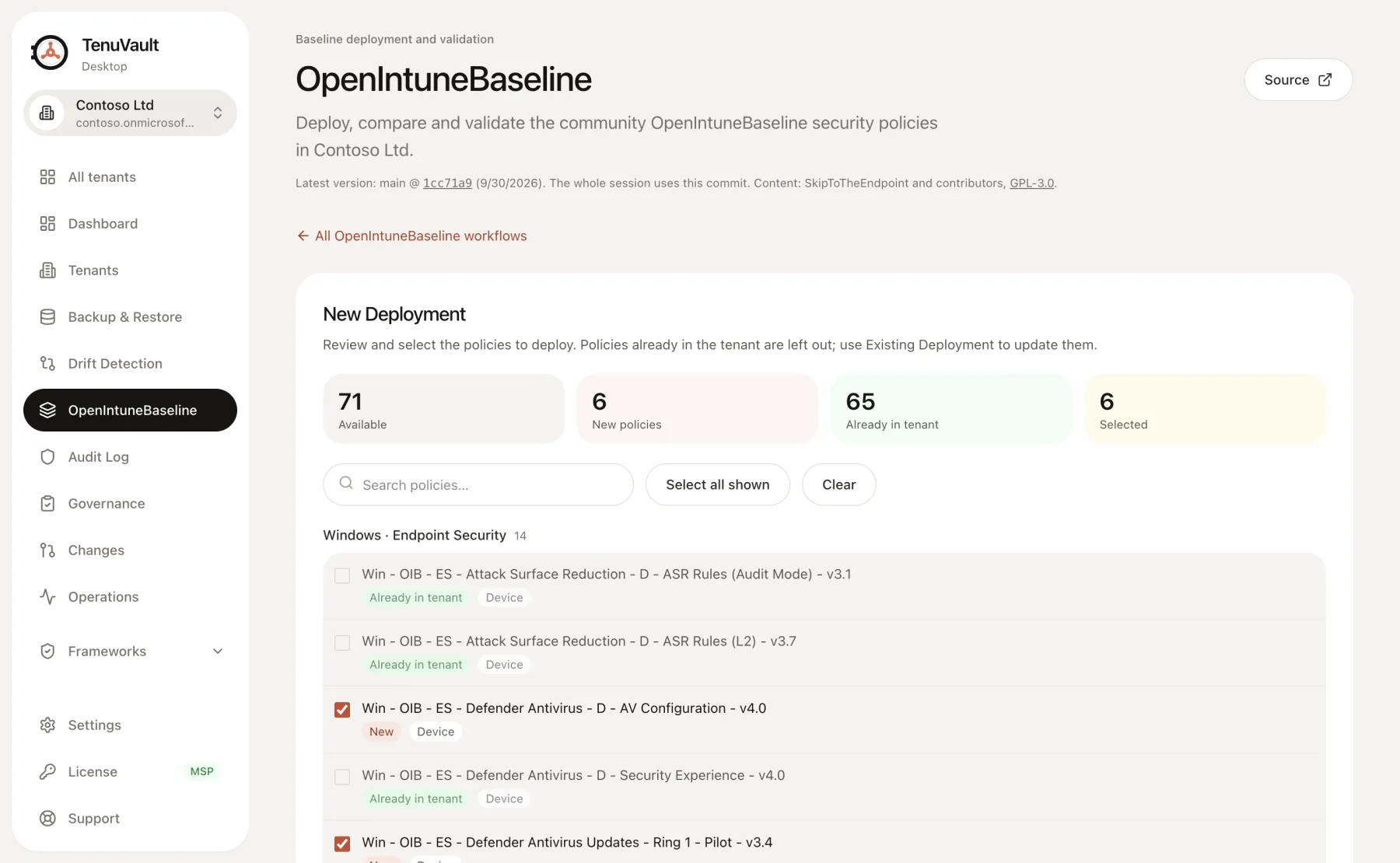 New Deployment in TenuVault Desktop listing OpenIntuneBaseline Windows policies, with new policies selected and policies already in the tenant left out