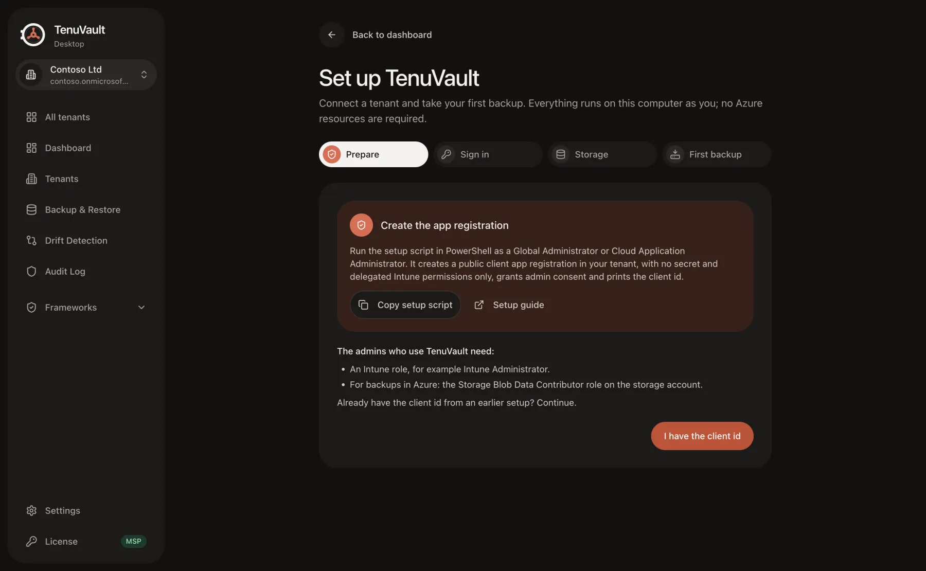 TenuVault Desktop guided setup in dark mode